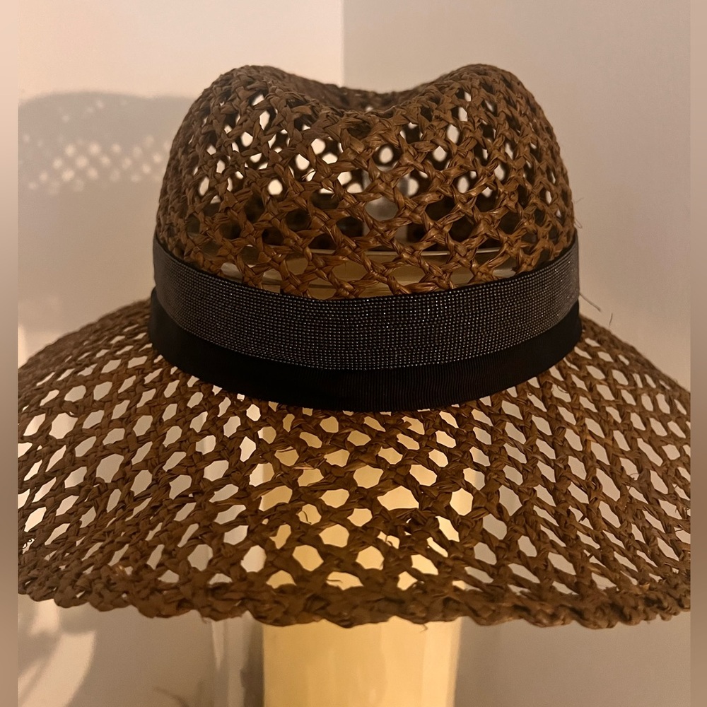 NWT Brunello Cucinelli Italy Size M Raffia women Hat Silver Monili Brown - Picture 1 of 13